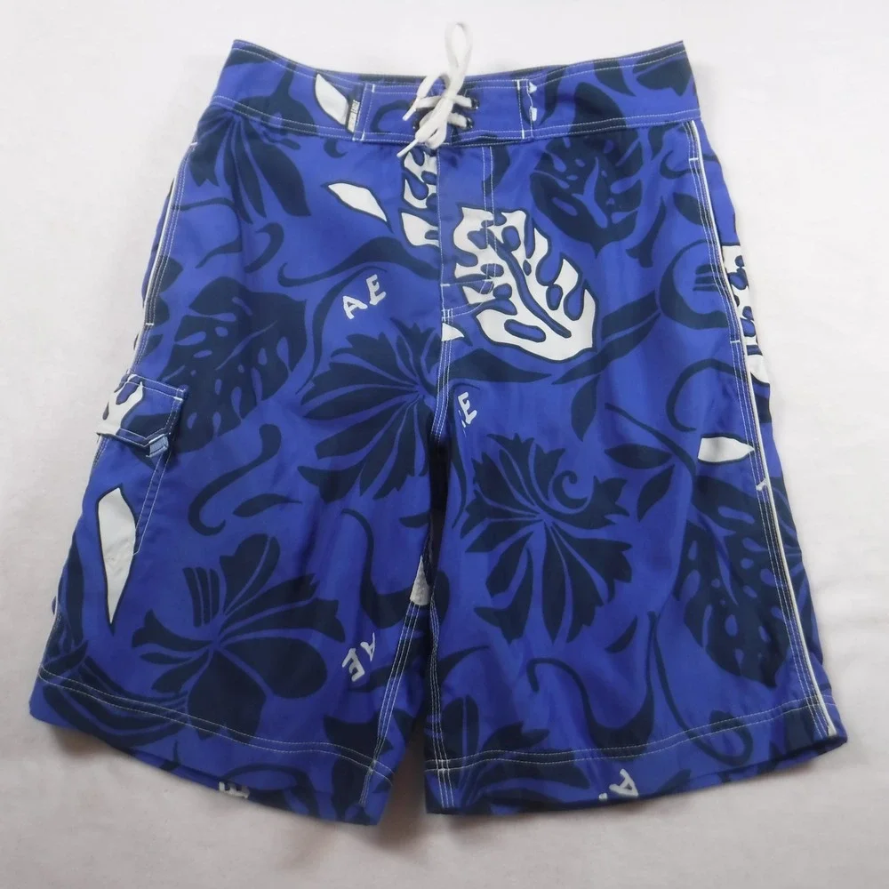 American Eagle Mens Blue Tropical Floral Board Shorts Swim Trunks Size 30‎